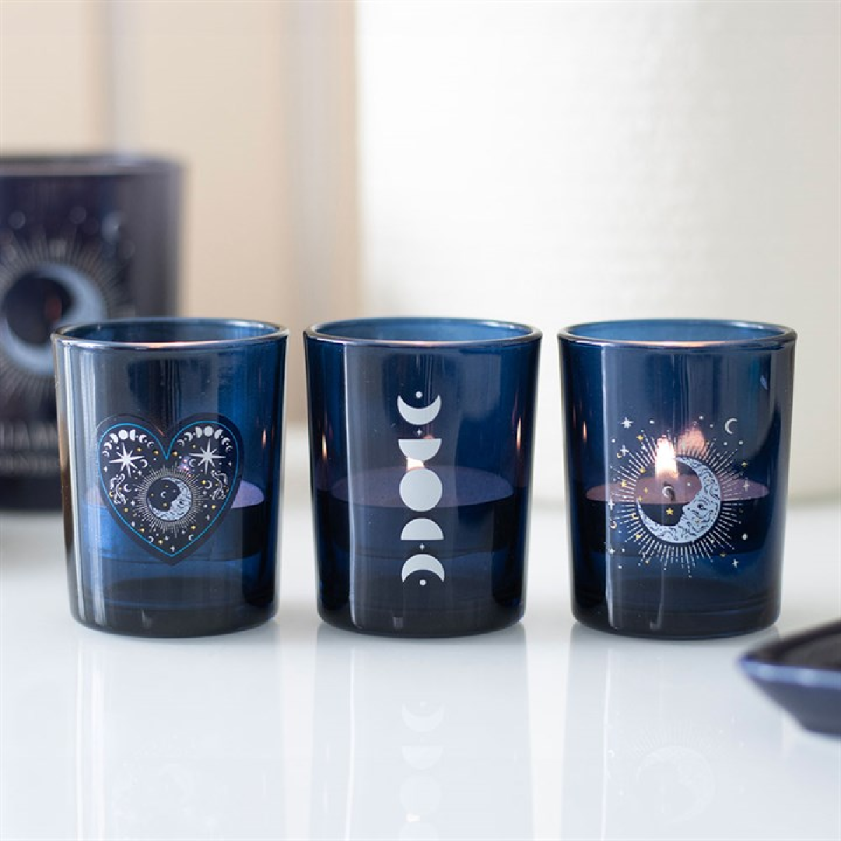 Three Blue Moon Votive Candle Holders